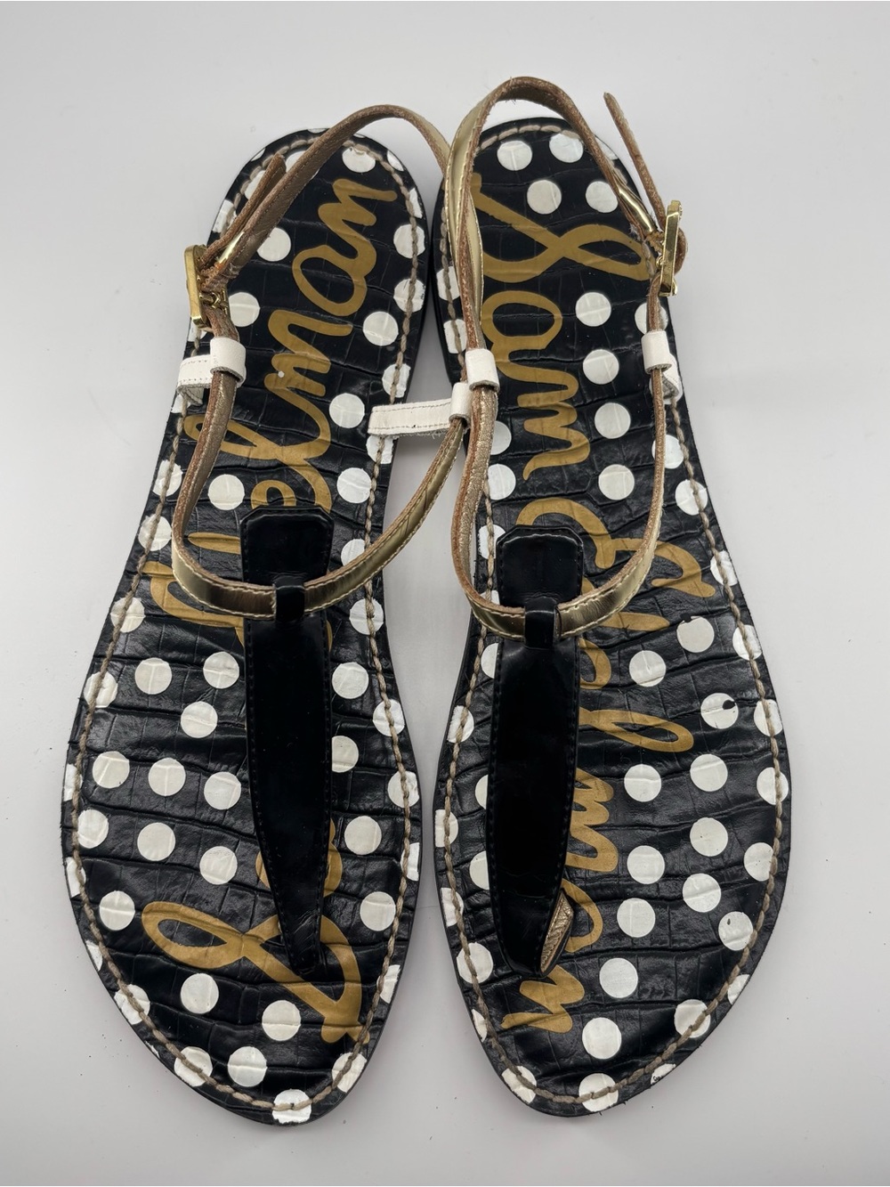 Sam Edelman Gigi Black Polka Dot T-Strap Sandals with Gold Accent Sz 10 - Picture 2 of 4